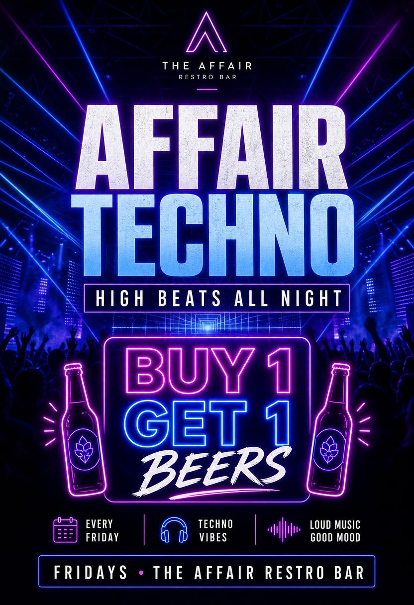 Affair Techno promo flyer — High beats · Buy 1 get 1 for beer lovers