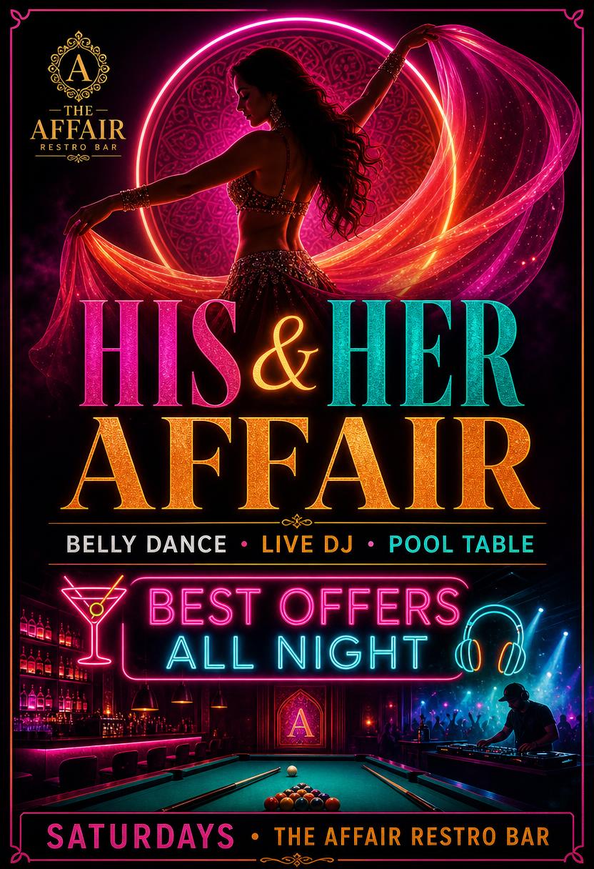 His & Her Affair promo flyer — Belly dance · Live DJ · Pool table · Best offers