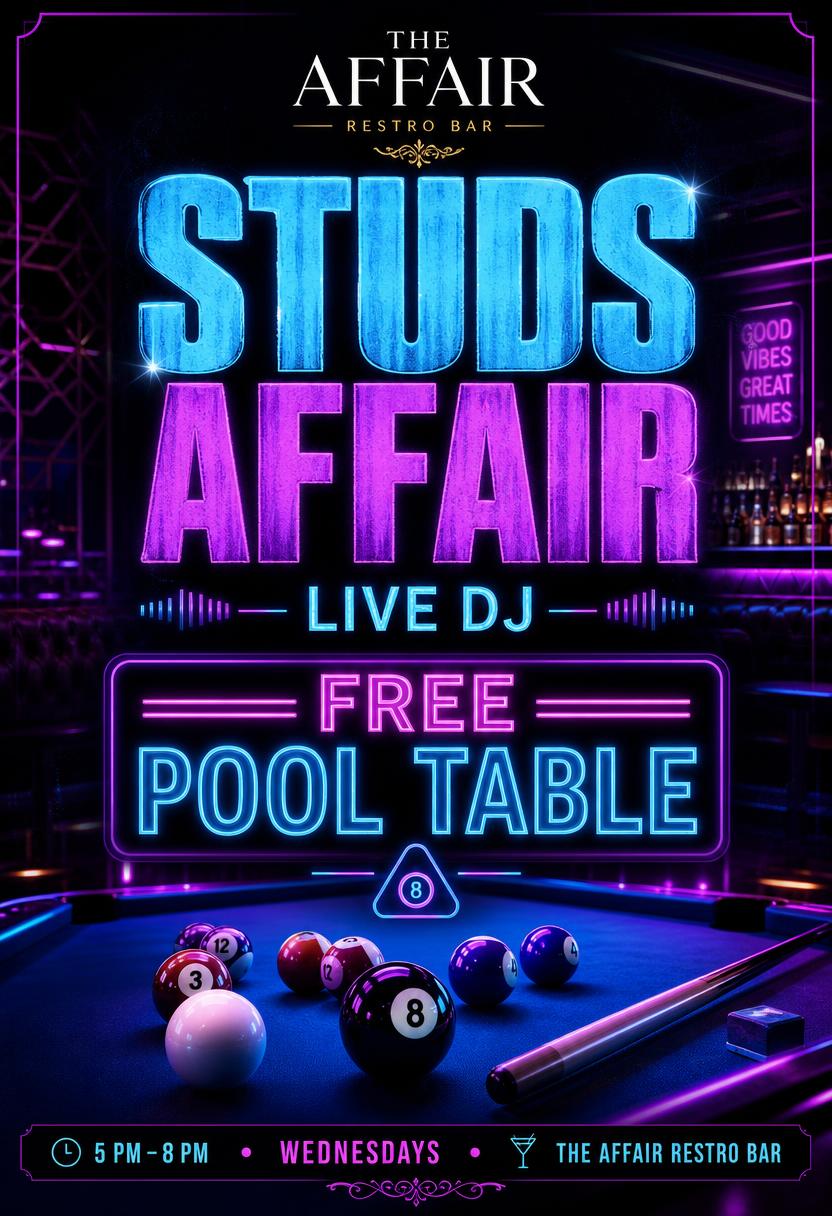 Studs Affair promo flyer — Live DJ · Free pool table 5 PM – 8 PM