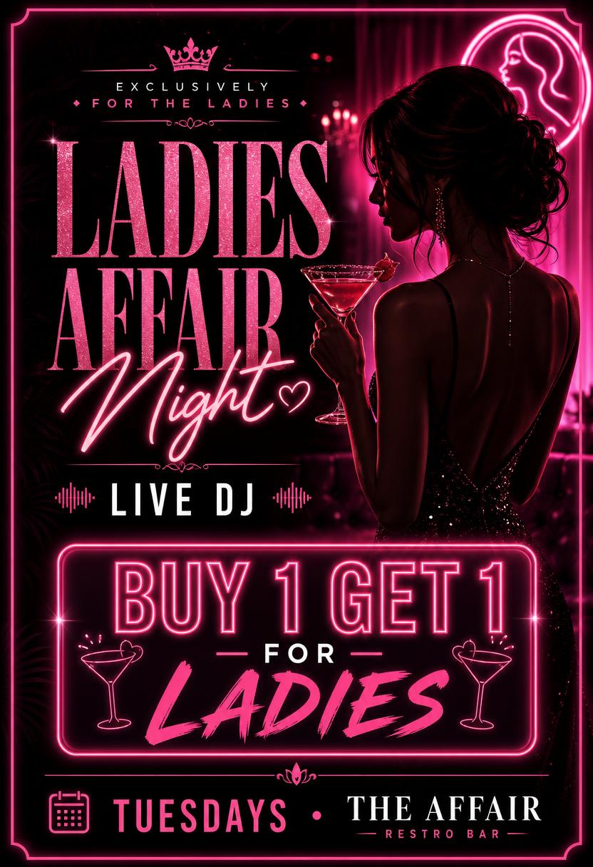 Ladies Affair Night promo flyer — Live DJ · Ladies buy 1 get 1
