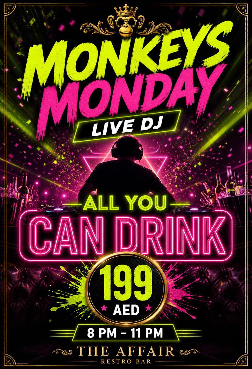 Monkeys Monday promo flyer — Live DJ · All you can drink 199 AED