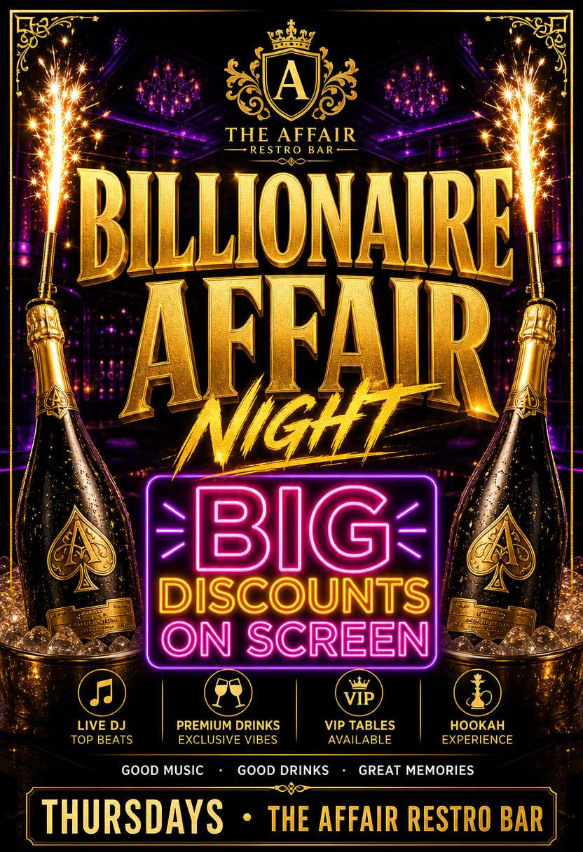 Billionaire Affair Night promo flyer — Big discounts on screen