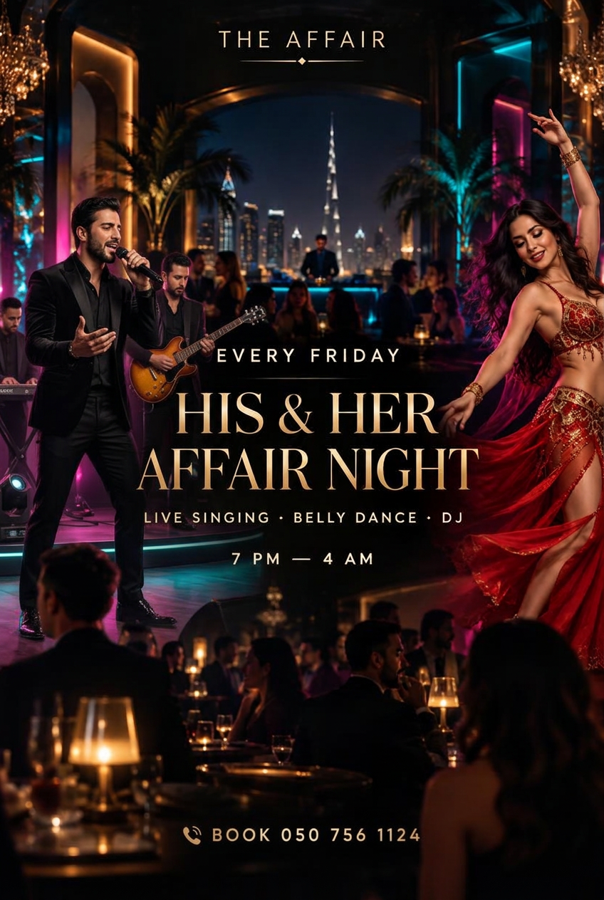 His & Her Affair Night promo flyer — Live singing · Belly dance · DJ · Quick Knockout billiards