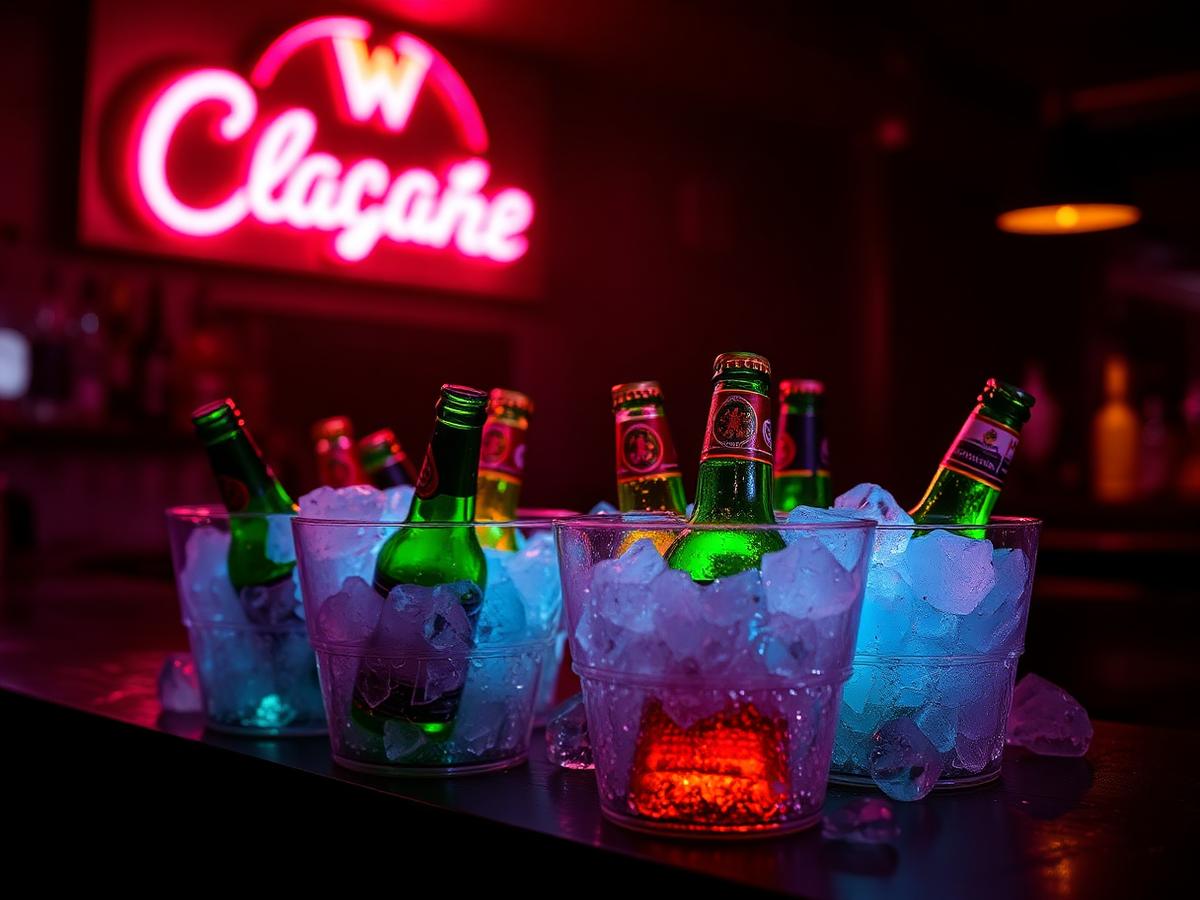 Ice buckets of beer glowing under neon club lights